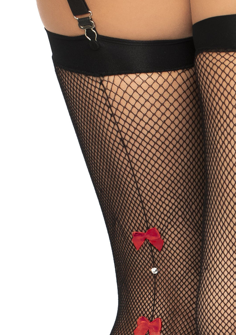 Bow Backseam Fishnet Thigh Highs with Red Bows