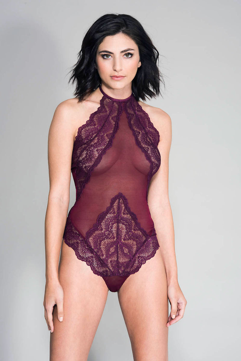 High Neck Scalloped Trim Lace Teddy with Sheer Back