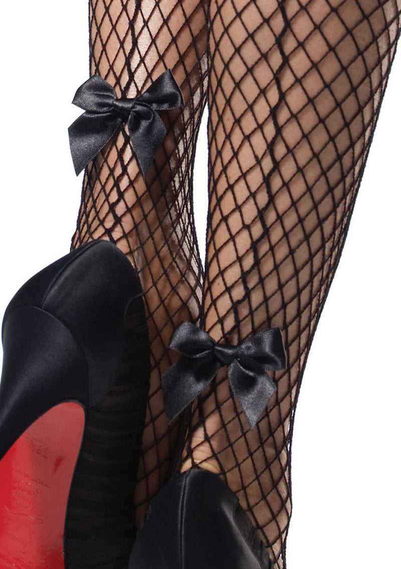 Stay Up Industrial Net Backseam Thigh Highs With Lace Top and Satin Bow Accent