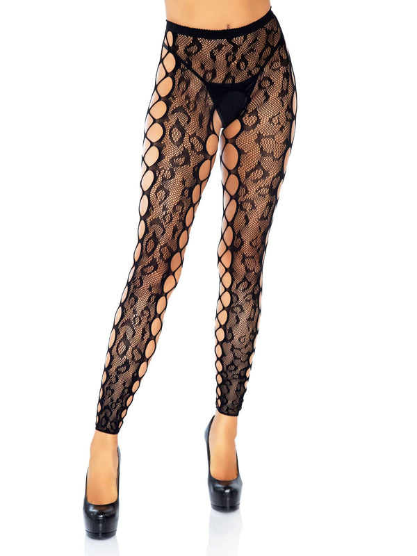 Footless Leopard Lace Crotchless Tights