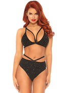 Two Piece Shimmer Lurex Opaque Cage Strap Bra Top and Matching Strappy Brazilian Bottom