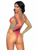 High Neck Fence Net Long Sleeve Bodysuit with Snap Crotch Thong Panty