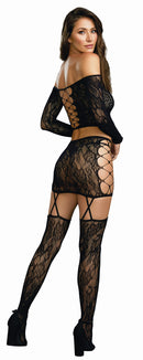 Lace Patterned Knit Top, Garter Skirt and Stockings Set