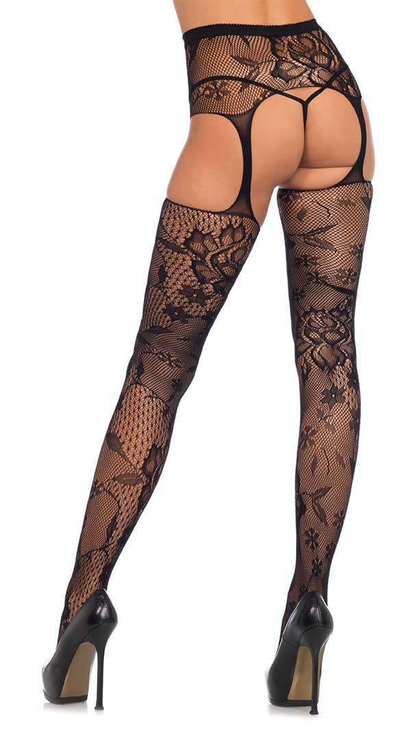 Floral Lace Stockings With Attached Waist Garterbelt