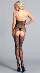 Halter Suspender Bodystocking with Lace Detail Thigh Highghs