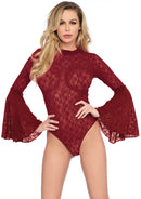 High Neck Stretch Lace Bell Sleeve Bodysuit
