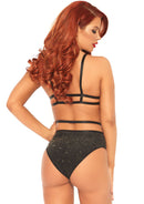 Two Piece Shimmer Lurex Opaque Cage Strap Bra Top and Matching Strappy Brazilian Bottom