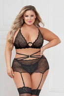 Three Piece Floral Lace Bra, Skirt, and G-String Set
