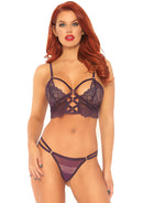 Two Piece Lace Bralette With Cage Strap O-Ring Bodice Detail and Matching G-String