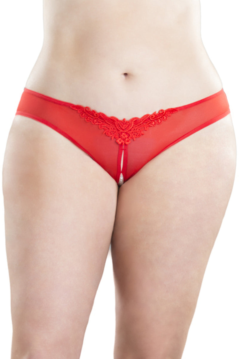 Crotchless Thong With Pearls and Venise Detail Queen Size in Red