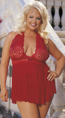 Stretch Mesh and Lace Babydoll with Bow