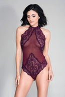 High Neck Scalloped Trim Lace Teddy with Sheer Back