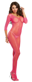 Bodystocking Fishnet Long Sleeve in Neon Pink