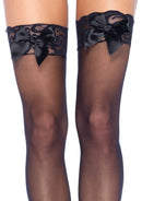 Sheer Lace Top Thigh Highs With Satin Bow Accent
