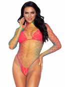 High Neck Fence Net Long Sleeve Bodysuit with Snap Crotch Thong Panty