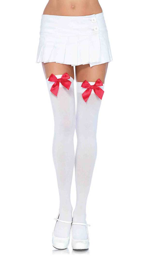 Nylon Over the Knee Socks White With Red Bow