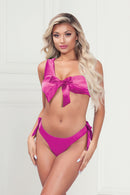 Two Piece Bra Set Satin Bra With Assymetrical Shoulder Strap, Satin Ribbon Bows, and Thong