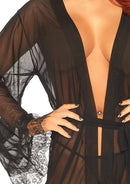 Three Piece Sheer Short Robe With Eyelash Lace Trim and Flared Sleeves