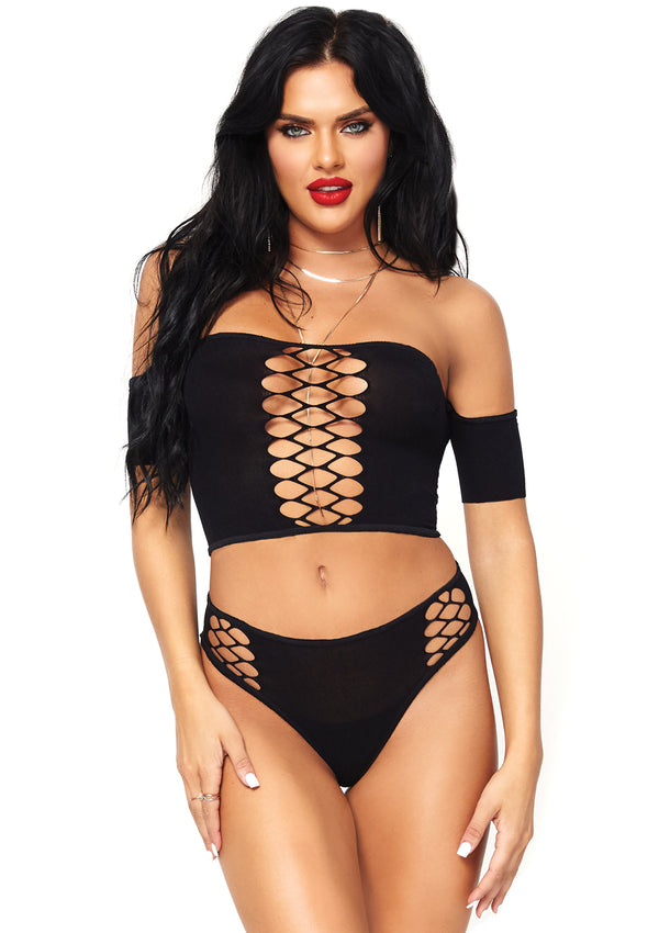 Two Piece Opaque Crop Top With Net Detail and Matching Thong Back Bottoms
