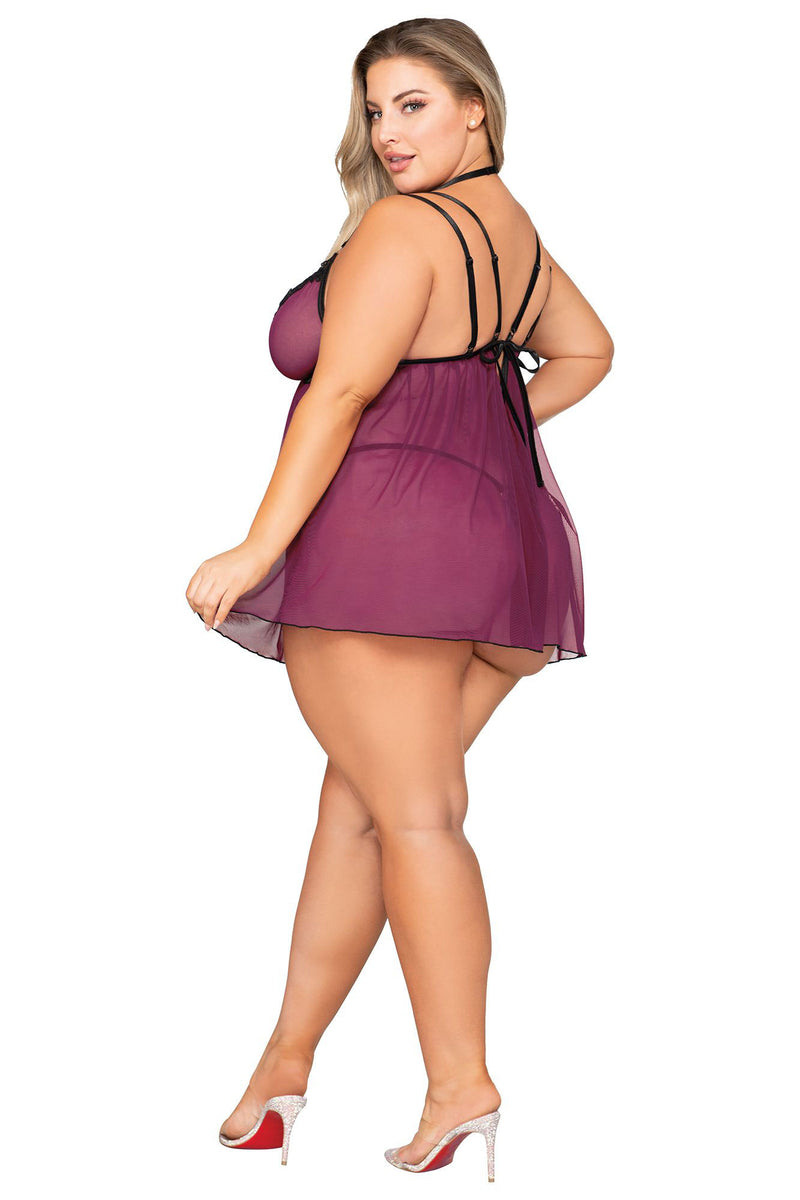 Stretch Mesh Babydoll and Open Crotch G-String Curvy Size