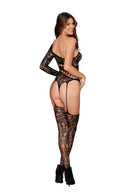 Teddy Bodystocking with Criss-Cross Details and Attached Lace Stocking