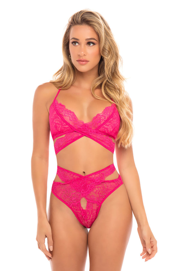 Cut Out Galloon Lace Bra Set in Bright Rose