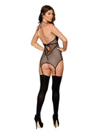 Stretch Fishnet, Two-Layer Garter Slip with Faux-Vinyl Inside Teddy