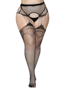 Industrial Net Stockings with Duchess Lace Top and Attached Multi Strand Garter Belt Curvy Size