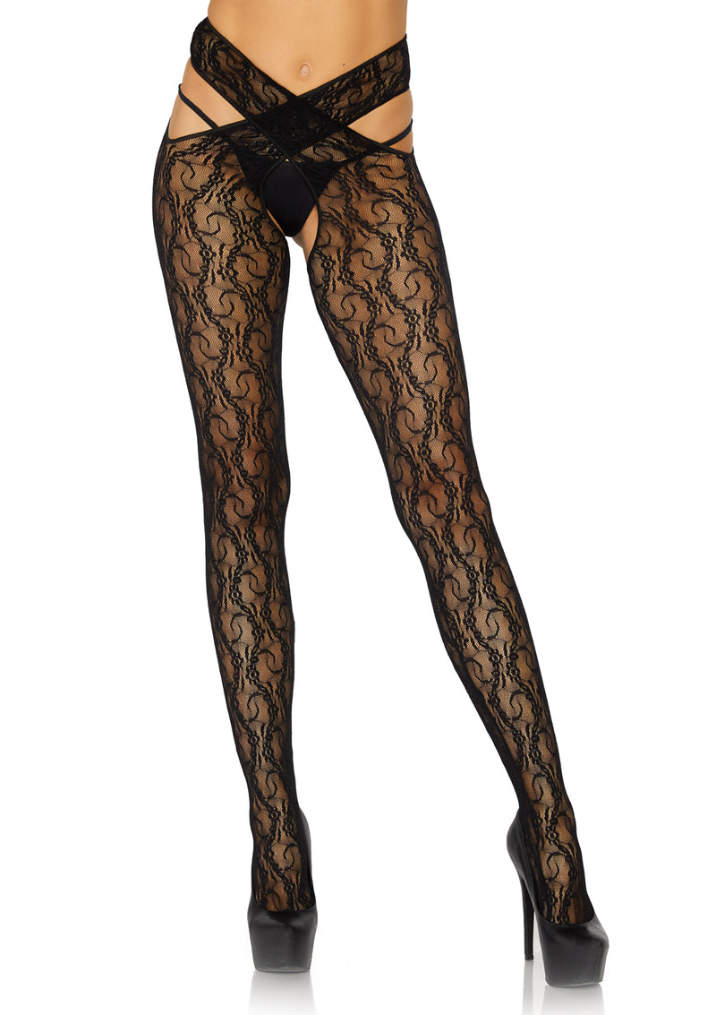 Daisy Chain Floral Lace Crotchless Wrap Around Tights